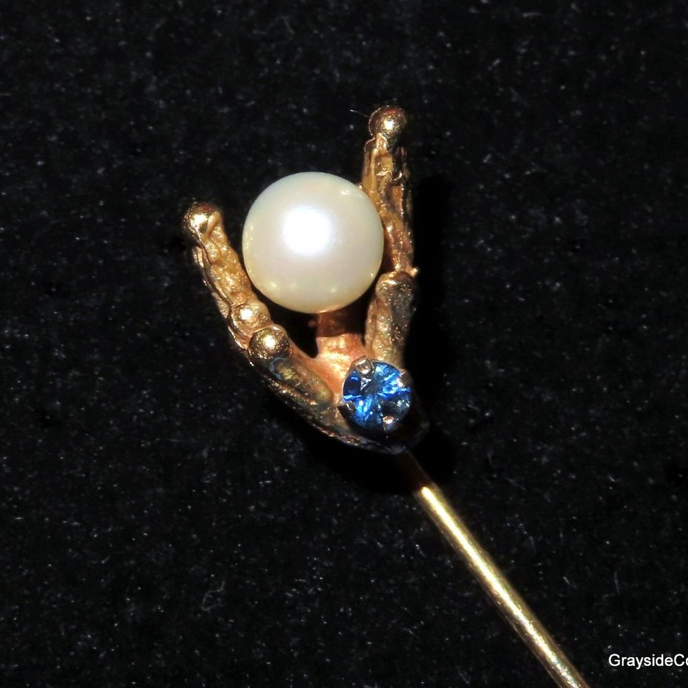 14k Gold Stick Pin • Genuine Pearl and Blue Sapphire!   !PRICE REDUCED!